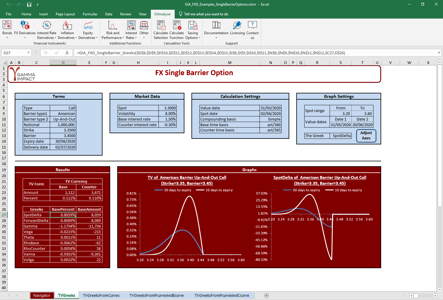 Screenshot: calculate FX Single Barrier Option with GIAnalyzer