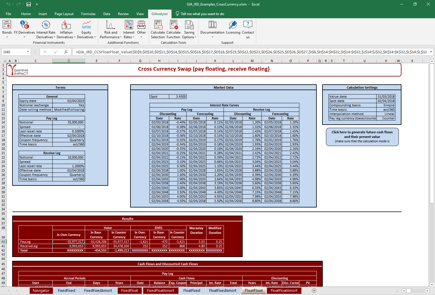 Screenshot: calculate Cross Currency Swap with GIAnalyzer